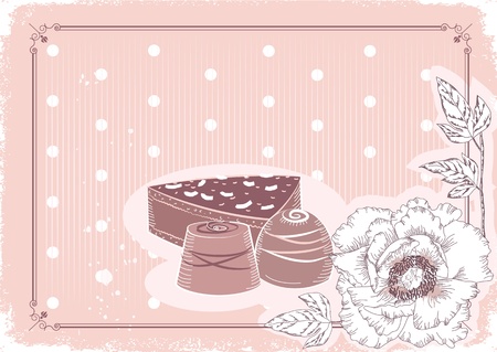 Floral postcard with chocolate sweets .Vector background in pastel colors.Vintage cardのイラスト素材