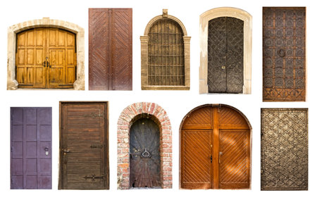 Different collection of old antique doors and gates for design on white