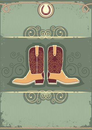Cowboy boots.Vintage western decor background with rope and horseshoeのイラスト素材