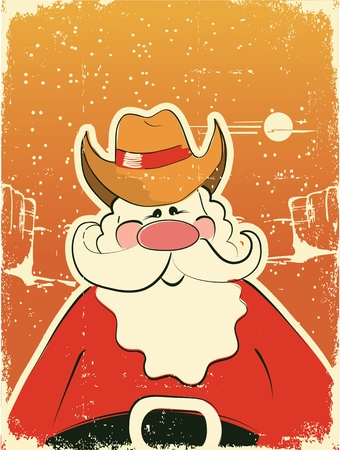 Santa Claus with cowboy hat .Retro card on old paper textureのイラスト素材