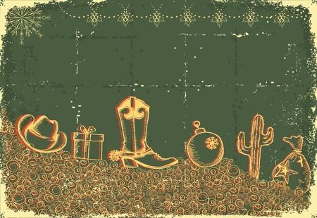 Cowboy christmas card with holiday elements and decoration on old paper textureのイラスト素材
