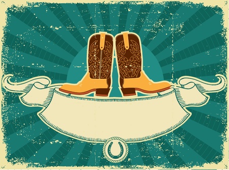 Cowboy boots card on old paper .Vintage background for textのイラスト素材