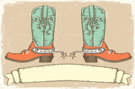 Cowboy boots and scroll for text on old paper .Vintage styleのイラスト素材