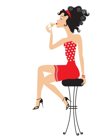 Nice woman is sitting in club and drinking cocktai.color illustration on white background for designのイラスト素材