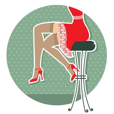 Retro woman legs with fashion shoes sitting on bar stool.Color illustrationのイラスト素材