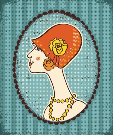 Vintage woman face in fashion hat.Retro image on old paper textureのイラスト素材