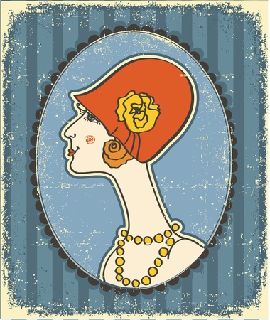 Vintage woman face in fashion hat.Retro image on old paper textureのイラスト素材