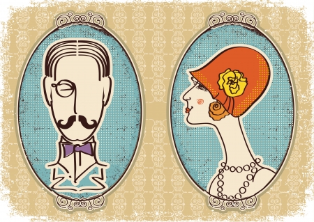 Man and woman portraits.Vector vintage imageのイラスト素材