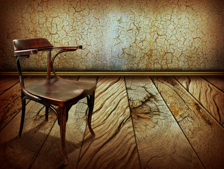 Vintage chair on old wooden floor Antique background for designの写真素材