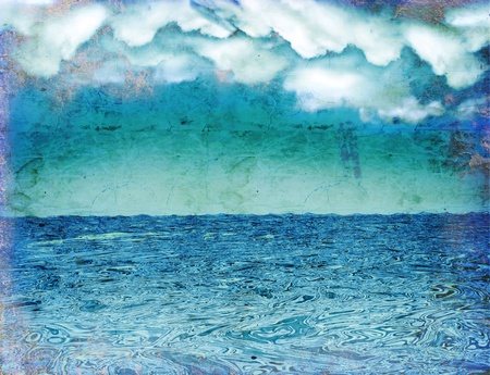 Seascape.Vintage nature background with dark clouds on old paper textureの写真素材
