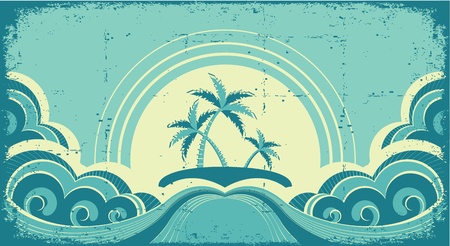 Vintage seascape with tropical palms on island on old paperのイラスト素材