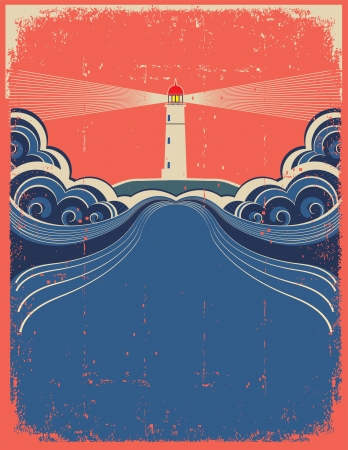 Lighthouse with blue sea.Vector grunge background for design of symbol card のイラスト素材