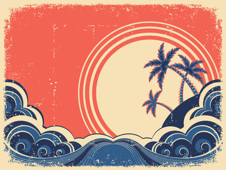 Tropical island with palms.Vector grunge illustration on old paperのイラスト素材