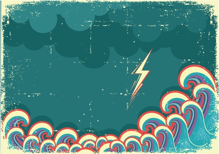 Storm in ocean with waves and lightning. Grunge imageのイラスト素材