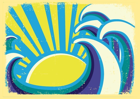 Abstract sea waves poster color illustration on old grunge textureのイラスト素材