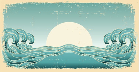 Grunge blue waves with sun.Painted background on old paper texture.のイラスト素材