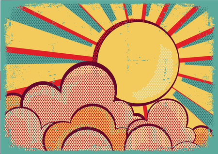 Sun and blue sky with beautifull clouds Retro image on old paper textureの写真素材