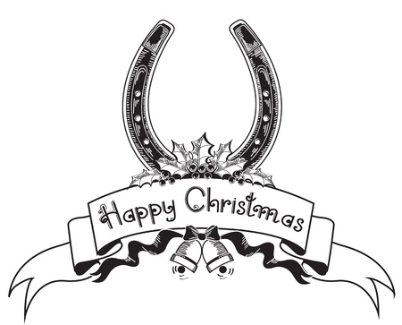 Christmas horseshoe background with holly berry and bells.Graphic imageのイラスト素材