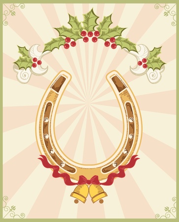 Horseshoe on christmas background with holly berry のイラスト素材