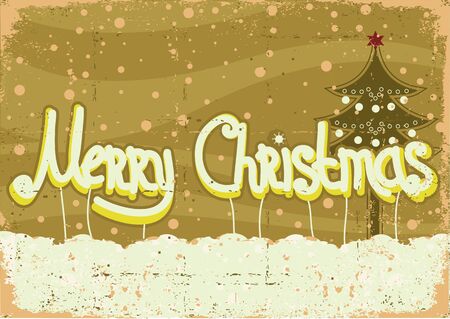 vintage christmas card on snow background with green tree and text on old paperのイラスト素材