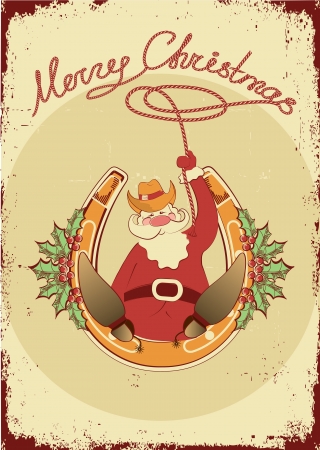 Santa sit on horseshoe with cowboy lasso on vintage poster のイラスト素材