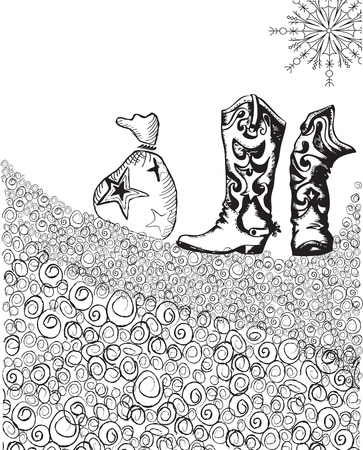 cowboy christmas card.Black graphic on white backgroundのイラスト素材