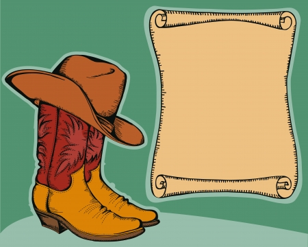 western background with cowboy boots and hat color illustration for textのイラスト素材