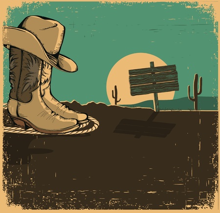 Western illustration with cowboy shoes and desert landscape on old texture for designのイラスト素材