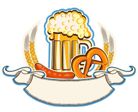 oktoberfest symbol with beer and traditional food and scroll background  isolated on whiteのイラスト素材