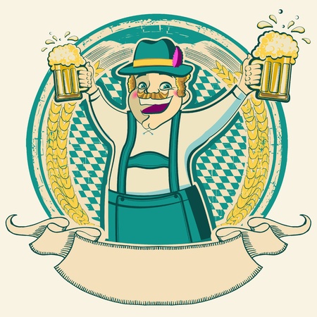 oktoberfest .Vintage label with man and glasses of beer on old background texture isolated on whiteのイラスト素材