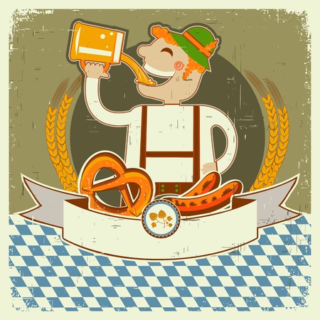vintage oktoberfest posterl label with man and beer. illustration on old paper for textのイラスト素材