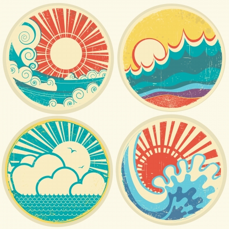 vintage sun and sea waves. icons of  illustration of seascapeのイラスト素材
