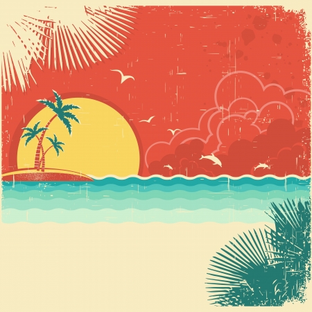 Vintage nature tropical seascape background with island and palms decoration on old paper poster textureのイラスト素材