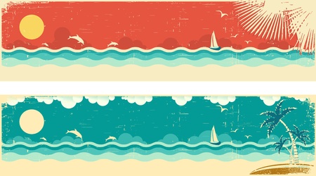 Vintage nature seascape banners with sea and palms on island.Vector illustration on old paper textureのイラスト素材