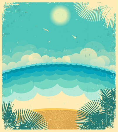 Vintage seascape.Vector background with sea and sun on old paper texture.Vector illustration のイラスト素材