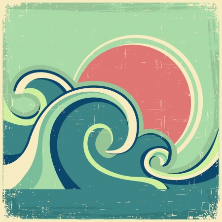 Vintage poster.Vector abstract seascape poster with sea waves and sun on old posterのイラスト素材