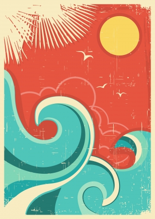 Vintage tropical background with sea waves and sun.Vector color posterのイラスト素材