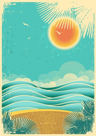 Vintage nature tropical seascape background with sunlight and palms  on old paper texture..Vector color illustrationのイラスト素材