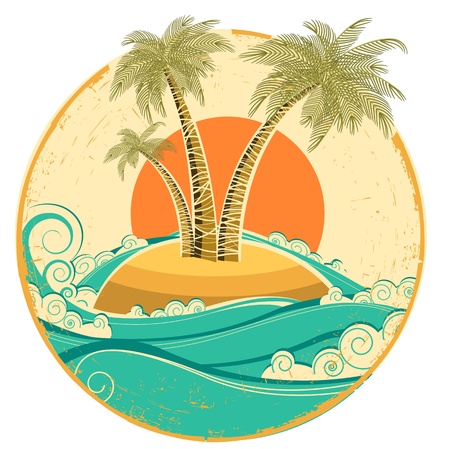 VIntage tropical island.Vector symbol seascape with sun on old paper textureのイラスト素材