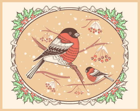 Christmas vintage card with bullfinches and snowのイラスト素材