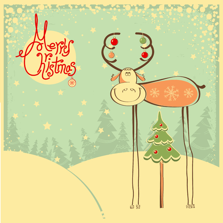 Vintage Christmas background with funny bull and snow frame.Comedy greeting cardのイラスト素材