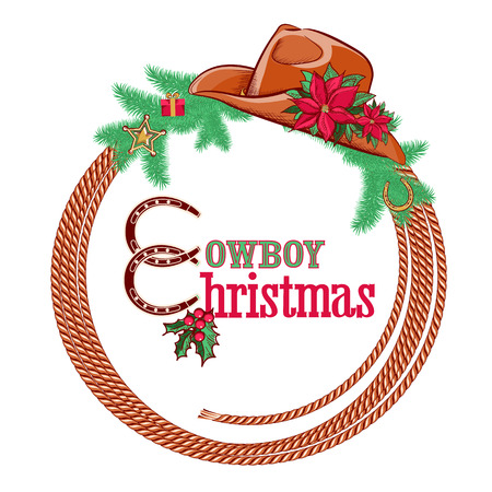 American cowboy Christmas background with western hat and decorations isolated on white のイラスト素材