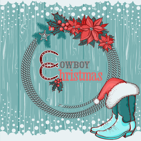 American cowboy Christmas background with western hat and boots decorations.Vector illustrationのイラスト素材