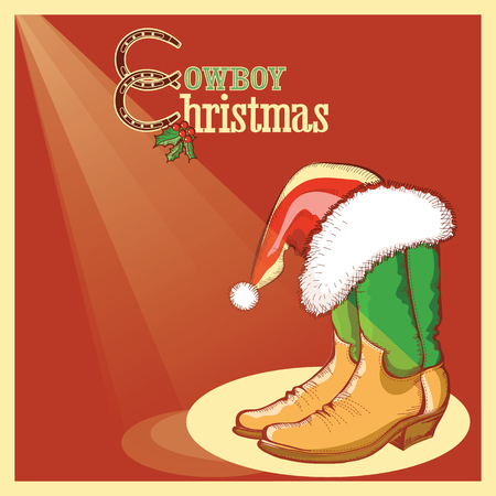 Cowboy christmas card with american boots and Santa red hat.のイラスト素材