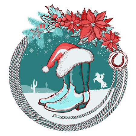 American cowboy boots and Santa red hat on Christmas background with lasso frameのイラスト素材