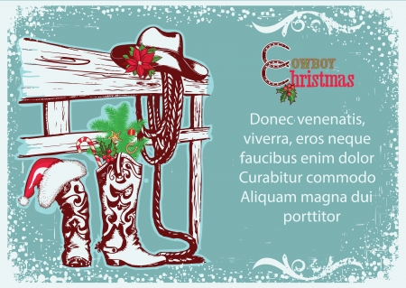 Cowboy Christmas poster for text.Vector winter illustration with cowboy boots and hatのイラスト素材