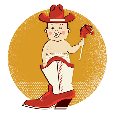 Cowboy baby sit in western american boot.Vector poster のイラスト素材