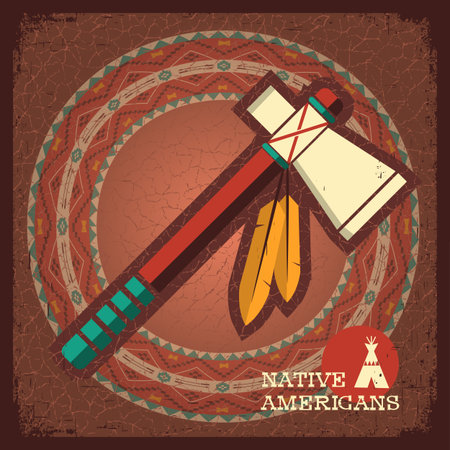 Native American Indian tomahawk on old paper texture.Vector old posterのイラスト素材