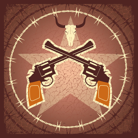 WEstern poster with guns and bull skull on old paper texture.Vintage illustrationのイラスト素材