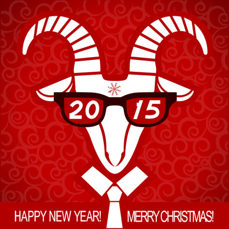 New Year goat with glasses.Vector red business greeting cardのイラスト素材